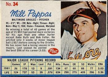 1962 Post Cereal #34 Milt Pappas Front