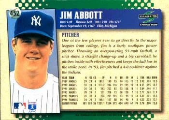 1995 Score #452 Jim Abbott Back