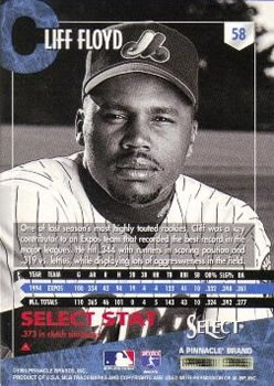 1995 Select #58 Cliff Floyd Back