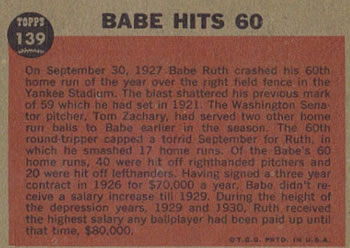 1962 Topps #139 Babe Hits 60 Back