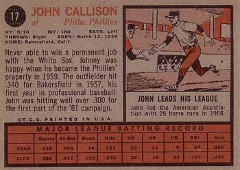1962 Topps #17 Johnny Callison Back