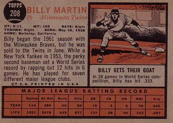 1962 Topps #208 Billy Martin Back