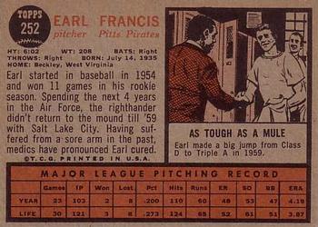 1962 Topps #252 Earl Francis Back