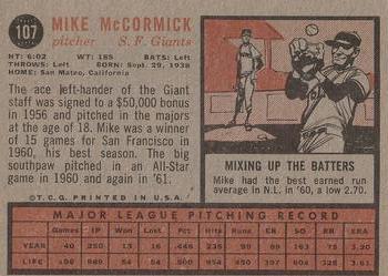 1962 Topps #107 Mike McCormick Back