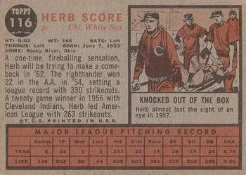 1962 Topps #116 Herb Score Back