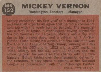 1962 Topps #152 Mickey Vernon Back