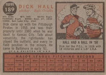 1962 Topps #189 Dick Hall Back