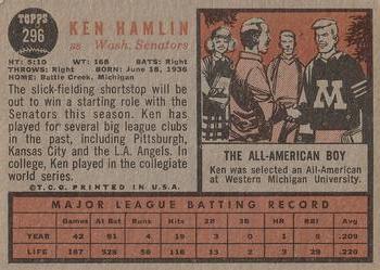 1962 Topps #296 Ken Hamlin Back