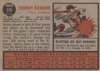 1962 Topps #330 Johnny Romano Back