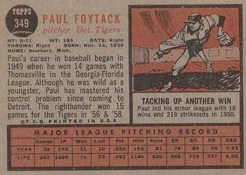 1962 Topps #349 Paul Foytack Back