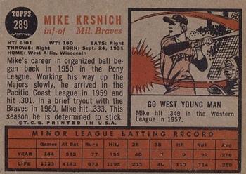 1962 Topps #289 Mike Krsnich Back
