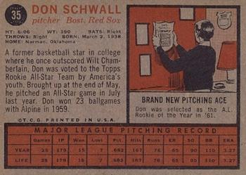 1962 Topps #35 Don Schwall Back