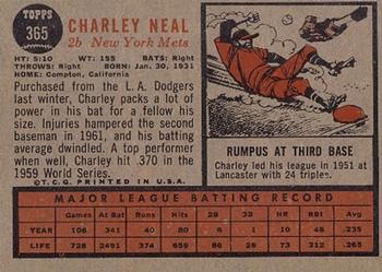 1962 Topps #365 Charley Neal Back