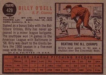 1962 Topps #429 Billy O'Dell Back