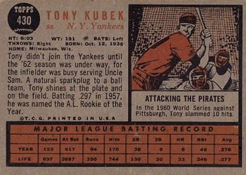 1962 Topps #430 Tony Kubek Back