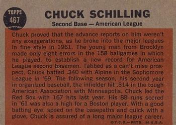 1962 Topps #467 Chuck Schilling Back
