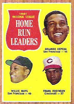 1962 Topps #54 1961 National League Home Run Leaders (Orlando Cepeda / Willie Mays / Frank Robinson) Front