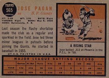 1962 Topps #565 Jose Pagan Back