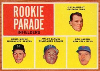 1962 Topps #597 Rookie Parade Infielders (Jim McKnight / Denis Menke / Amado Samuel / Rod Kanehl) Front