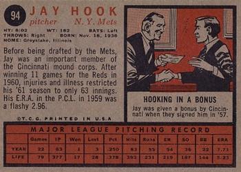 1962 Topps #94 Jay Hook Back