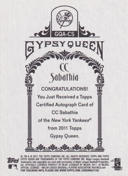2011 Topps Gypsy Queen - Autographs #GQA-CS CC Sabathia Back