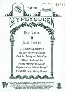 2011 Topps Gypsy Queen - Dual Relic Autographs #DAR-SH Mike Stanton / Jason Heyward Back