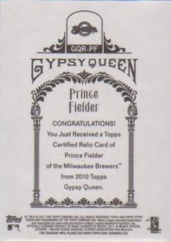 2011 Topps Gypsy Queen - Relics #GQR-PF Prince Fielder Back