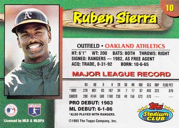 1993 Stadium Club Oakland Athletics #10 Ruben Sierra  Back
