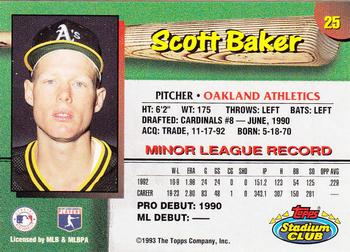 1993 Stadium Club Oakland Athletics #25 Scott Baker  Back