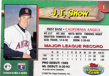 1993 Stadium Club California Angels #1 J.T. Snow  Back