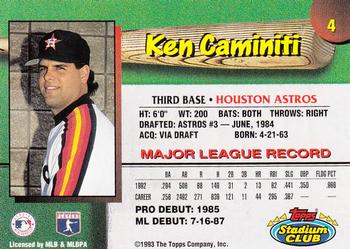 1993 Stadium Club Houston Astros #4 Ken Caminiti  Back