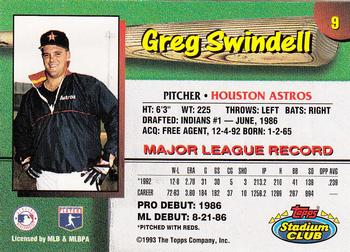 1993 Stadium Club Houston Astros #9 Greg Swindell  Back