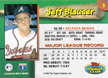 1993 Stadium Club Atlanta Braves #5 Jeff Blauser  Back