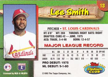 1993 Stadium Club St. Louis Cardinals #13 Lee Smith  Back