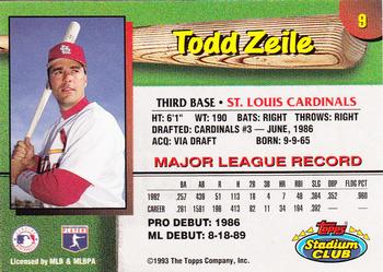 1993 Stadium Club St. Louis Cardinals #9 Todd Zeile  Back