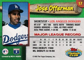 1993 Stadium Club Los Angeles Dodgers #17 Jose Offerman Back
