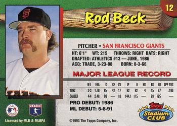 1993 Stadium Club San Francisco Giants #12 Rod Beck  Back