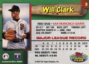 1993 Stadium Club San Francisco Giants #9 Will Clark  Back