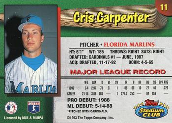 1993 Stadium Club Florida Marlins #11 Cris Carpenter Back