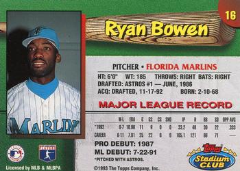 1993 Stadium Club Florida Marlins #16 Ryan Bowen Back