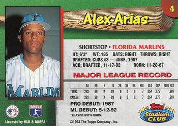 1993 Stadium Club Florida Marlins #4 Alex Arias Back