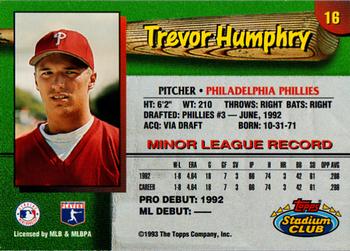 1993 Stadium Club Philadelphia Phillies #16 Trevor Humphry  Back