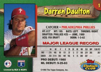 1993 Stadium Club Philadelphia Phillies #1 Darren Daulton  Back