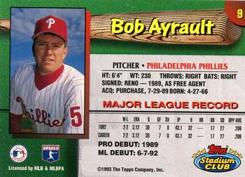 1993 Stadium Club Philadelphia Phillies #9 Bob Ayrault  Back