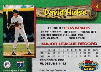 1993 Stadium Club Texas Rangers #4 David Hulse  Back