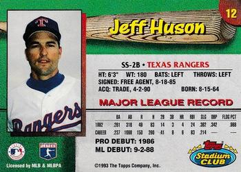 1993 Stadium Club Texas Rangers #12 Jeff Huson  Back