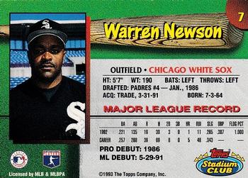 1993 Stadium Club Chicago White Sox #7 Warren Newson  Back