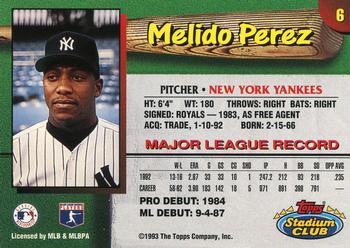 1993 Stadium Club New York Yankees #6 Melido Perez  Back