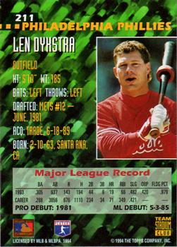 1994 Stadium Club Team #211 Len Dykstra Back