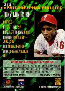 1994 Stadium Club Team #213 Tony Longmire Back